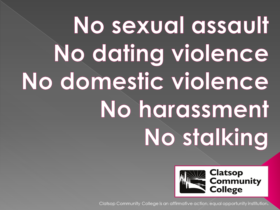 Title IX Flyer. No sexual assault. No dating violence. No domestic violence. No harassment. No stalking.