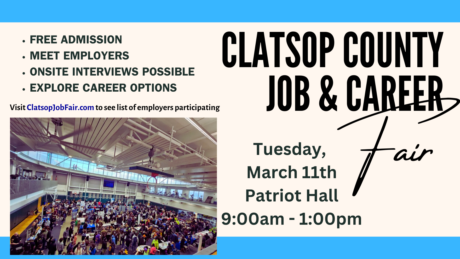 job fair details with a photo of a gym filled with booths that people are mingling through