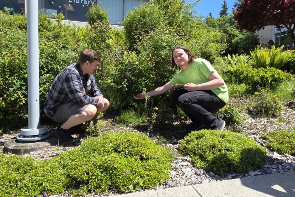 Matt Solberg and Flint Largin pose by the plants in the pollinator garden