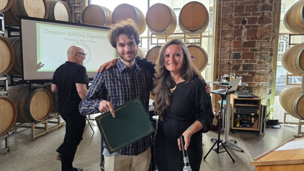Creative Writing Award winner Aiden Lippy with English Instructor Kama O'Connor