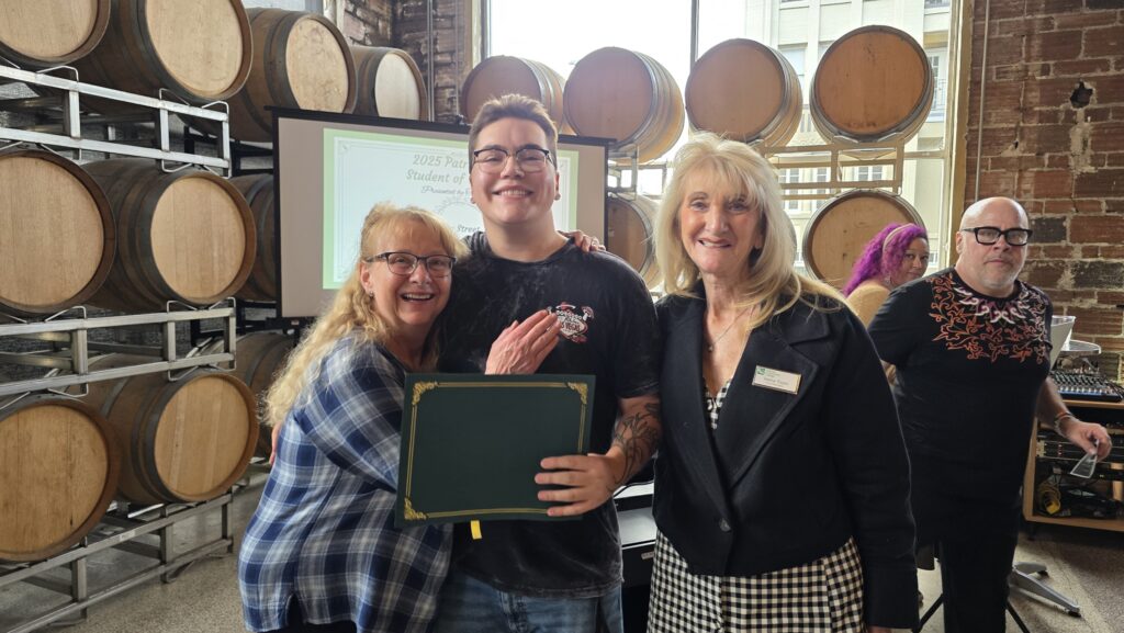 Patriot Hall Student Award winner Leo Street with Helen Keefe and VP Teena Toyas