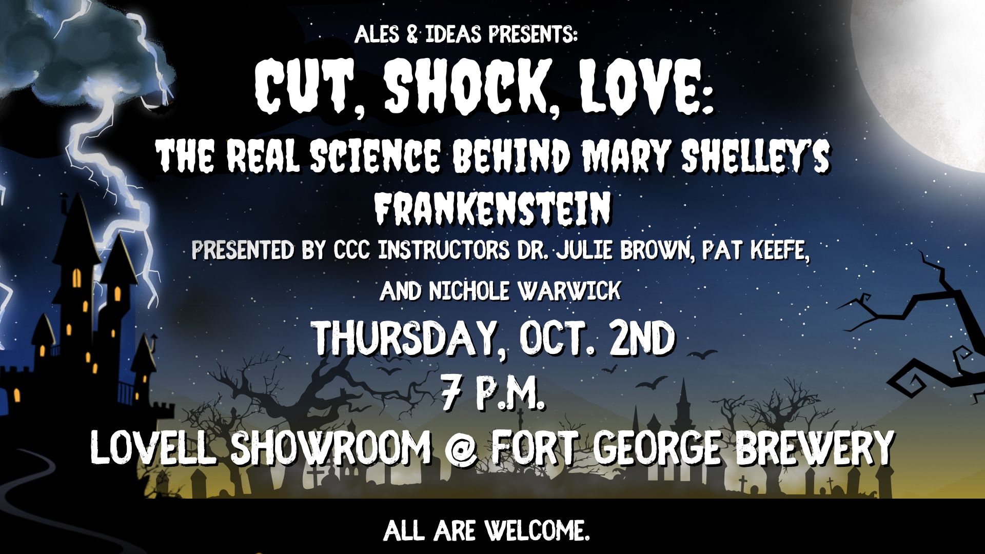 Night landscape of small town with castle in background being struck by lightning