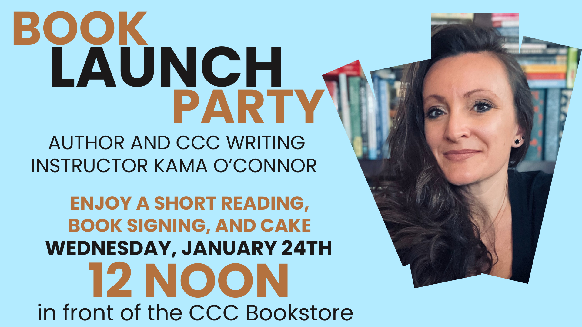 Book launch party ad with photo of Kama O'Connor and event details