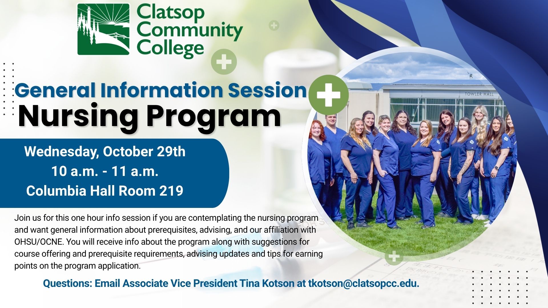 nursing students gathered on the college lawn in scrubs