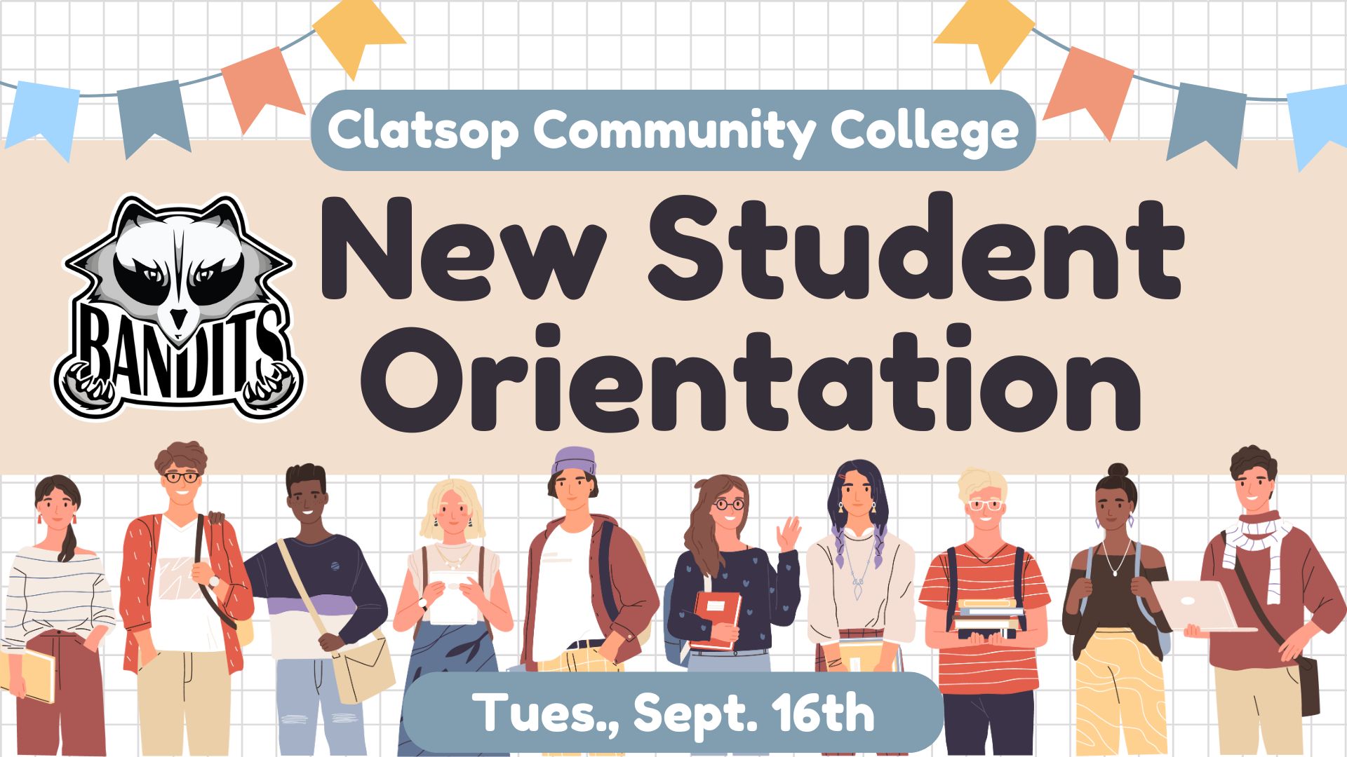 flyer with New student orientation date and drawings of smiling students