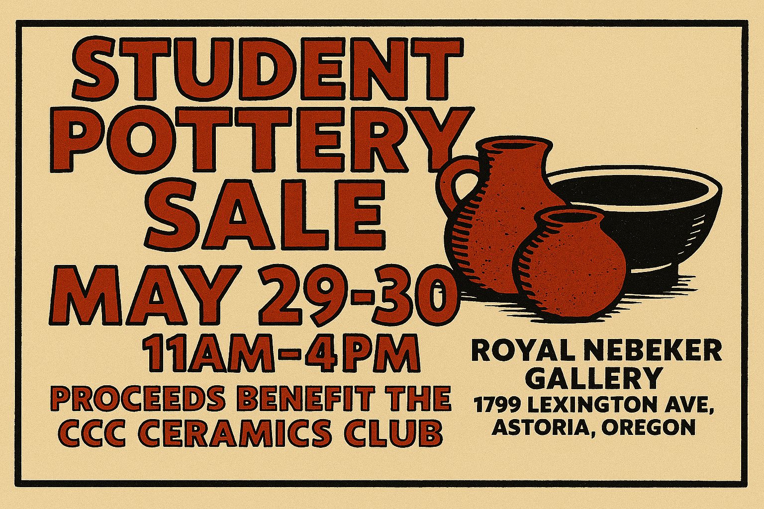 images of red pottery with event details