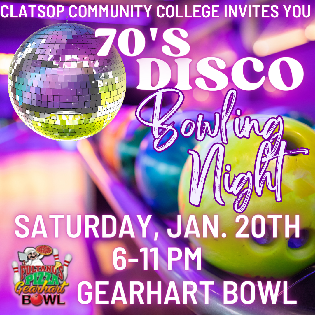 70's disco night blowing flyer with disco ball and bowling balls