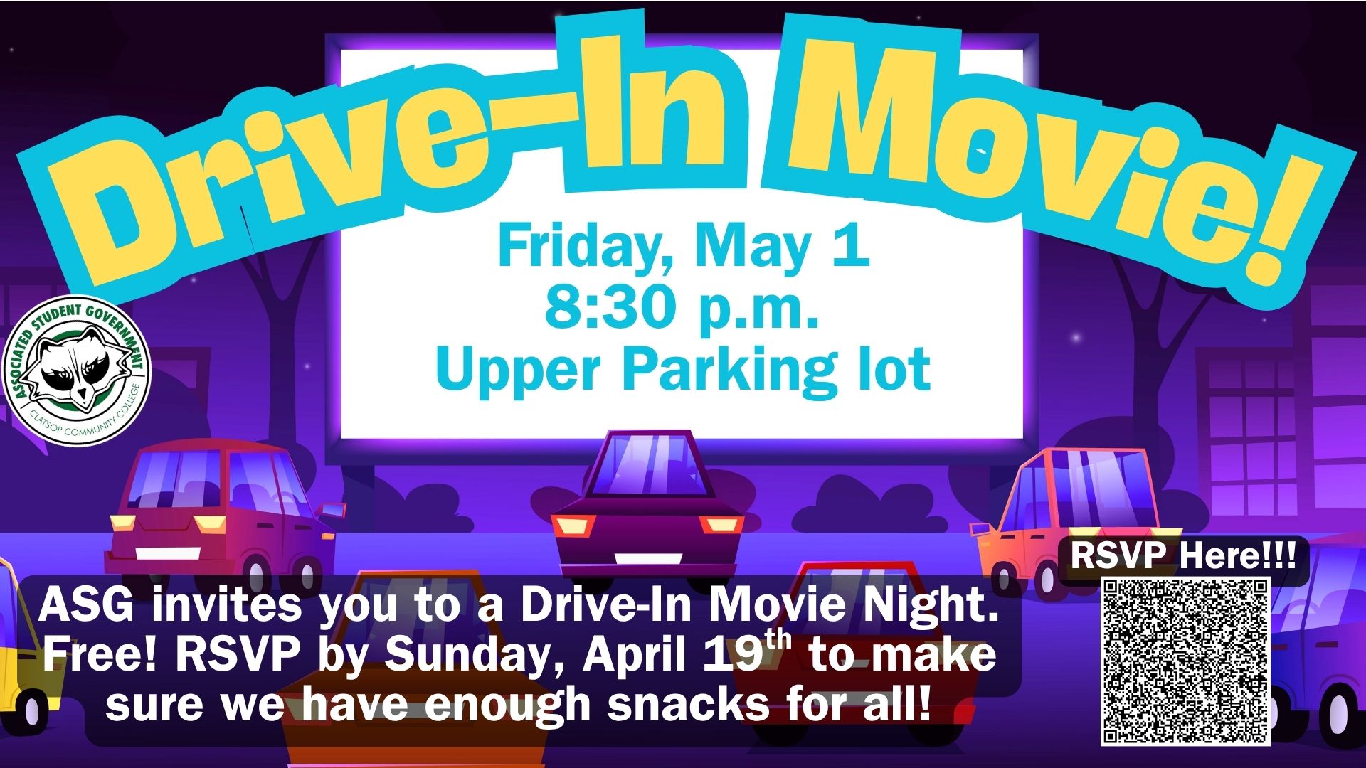 cartoon cars in front of a screen with event info