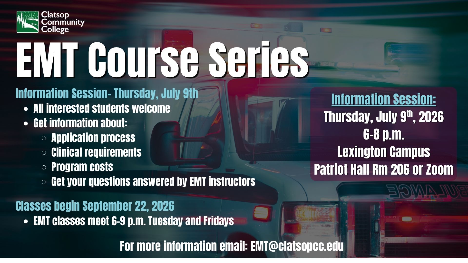 image of ambulance in background with event details over it