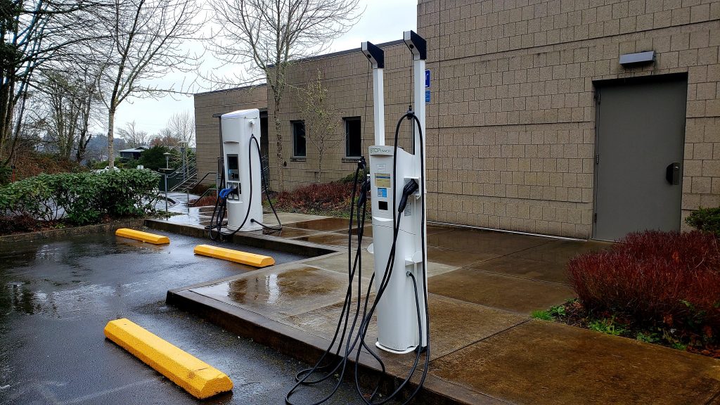 Electric vehicle charging stations are located at CCC in the upper parking lot by Columbia Hall