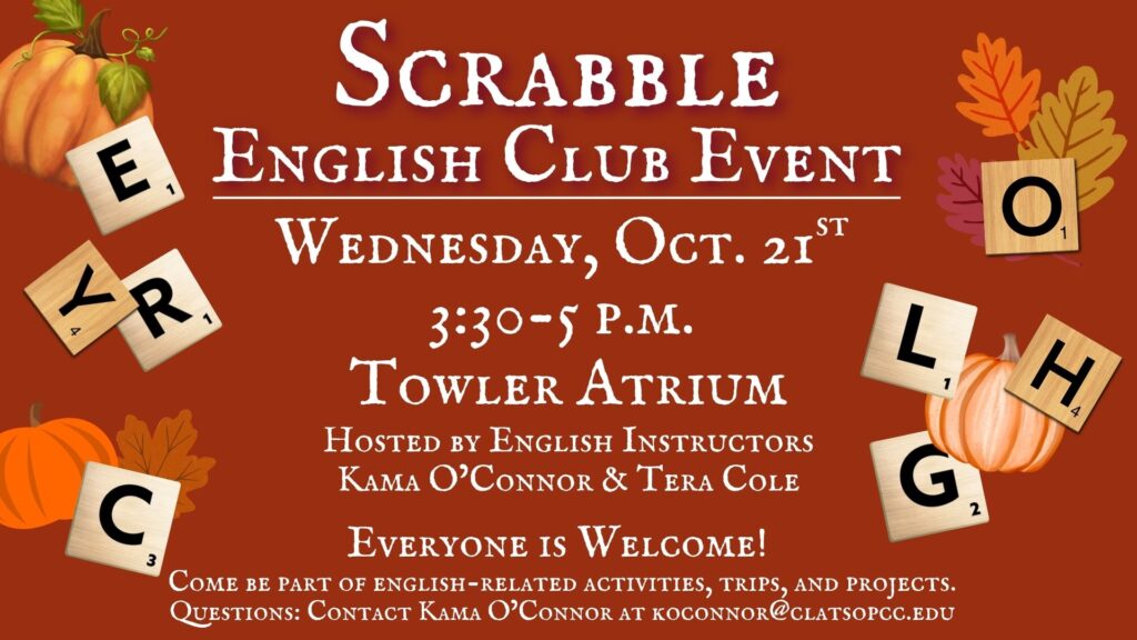 Scrabble game tiles surround event details