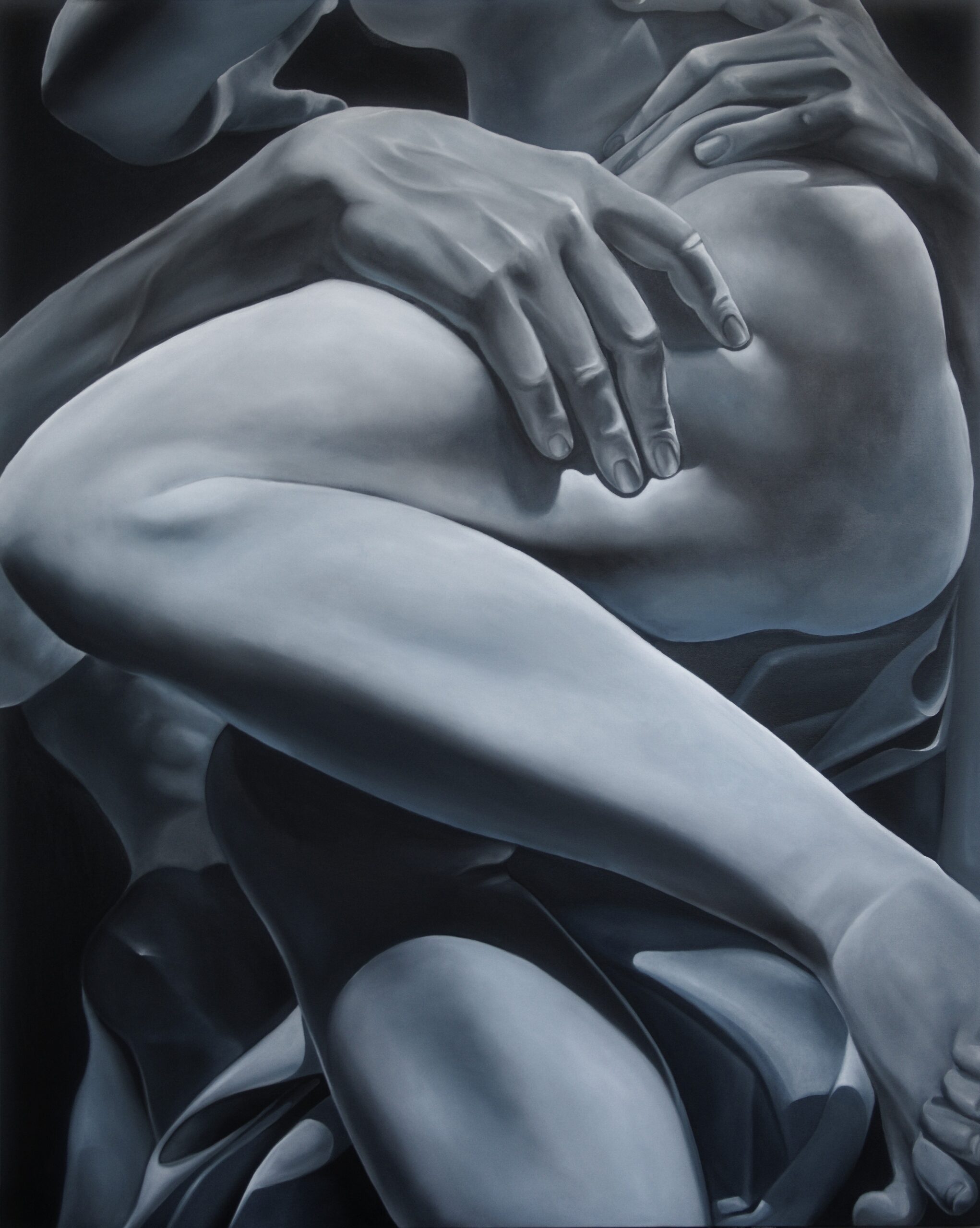 Painting by Elena Frost about the abduction of the Sabine Woman. Oil painting in gray tones on hand grabbing leg.