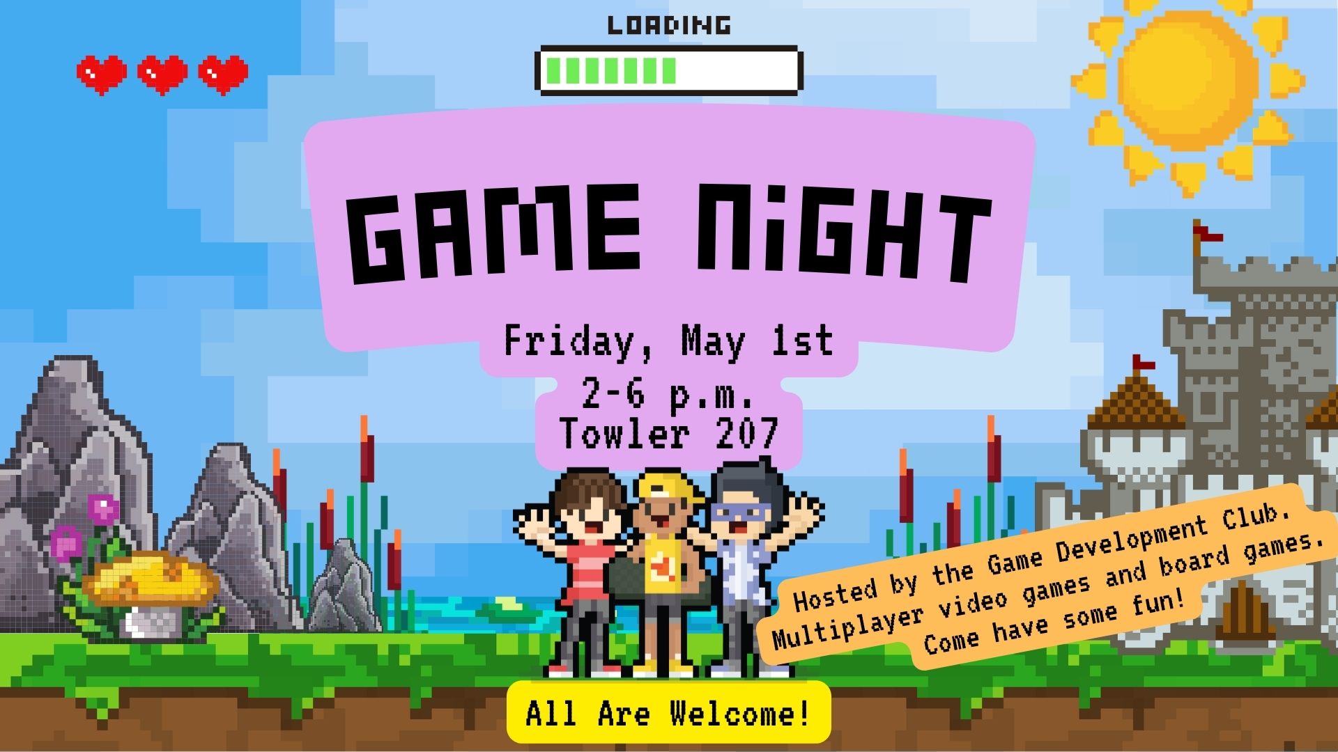 video game characters pixelated waving and smiling with video game landscape background.