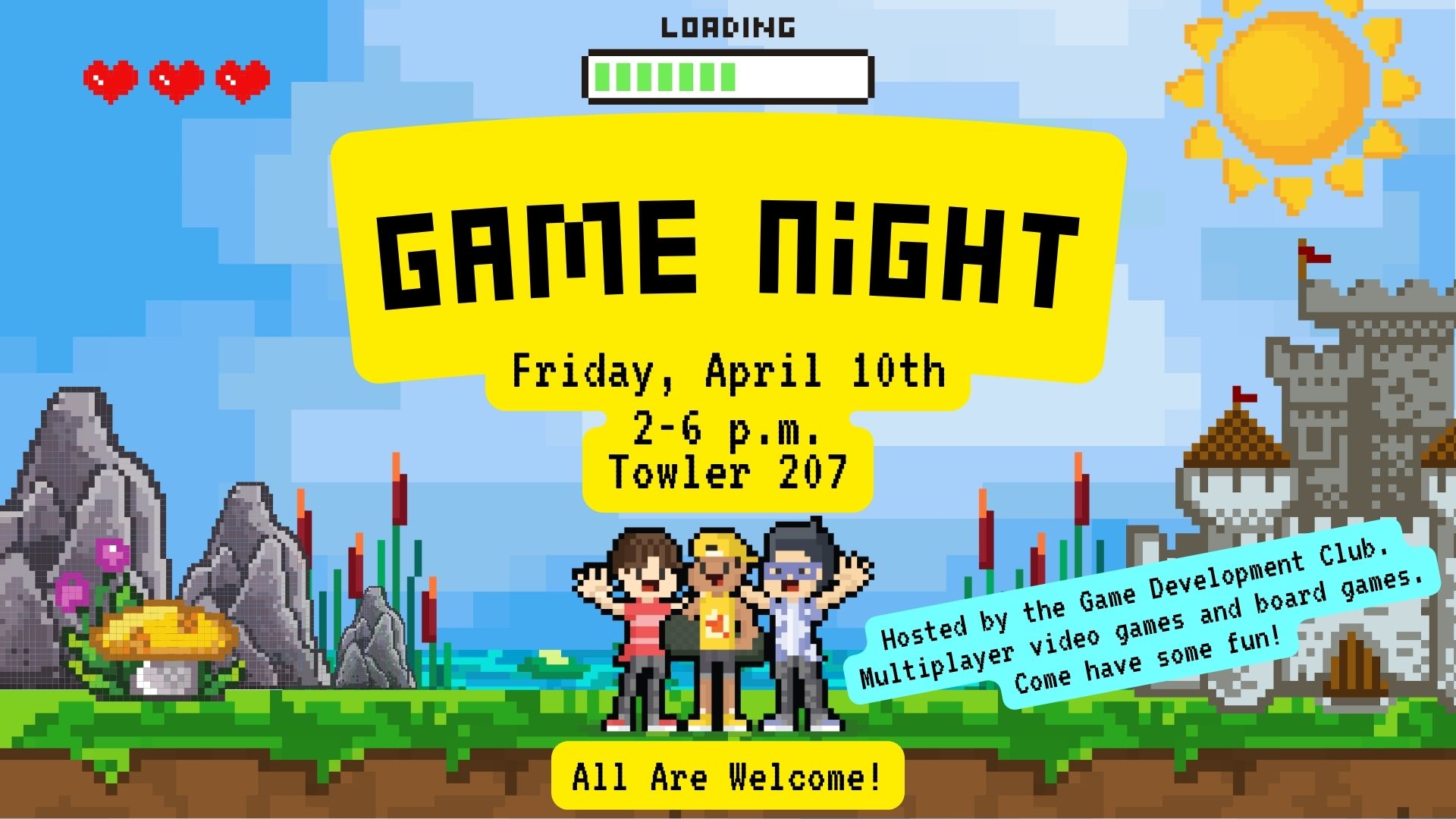 pixelated landscape with event details