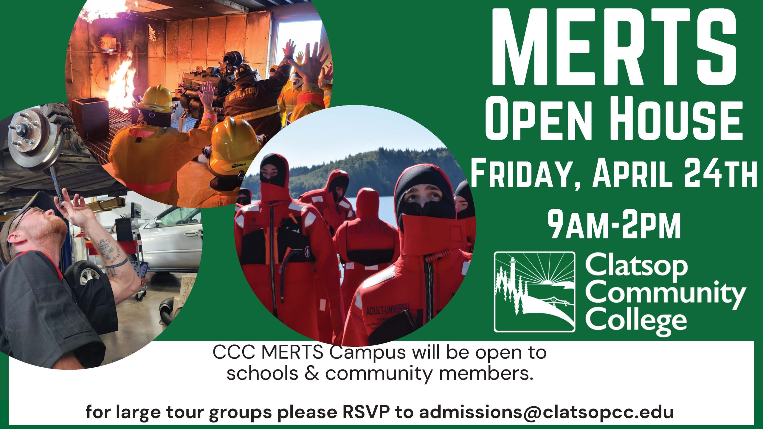 photos of students in fire fighter suits, maritime flotation suits, and an automotive student looking under a car