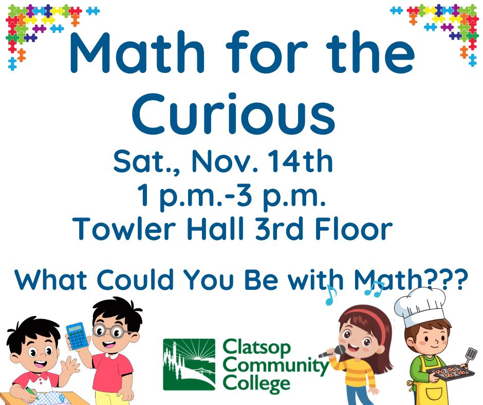 Math for the Curious poster content with drawings of children playing music, cooking and doing math.