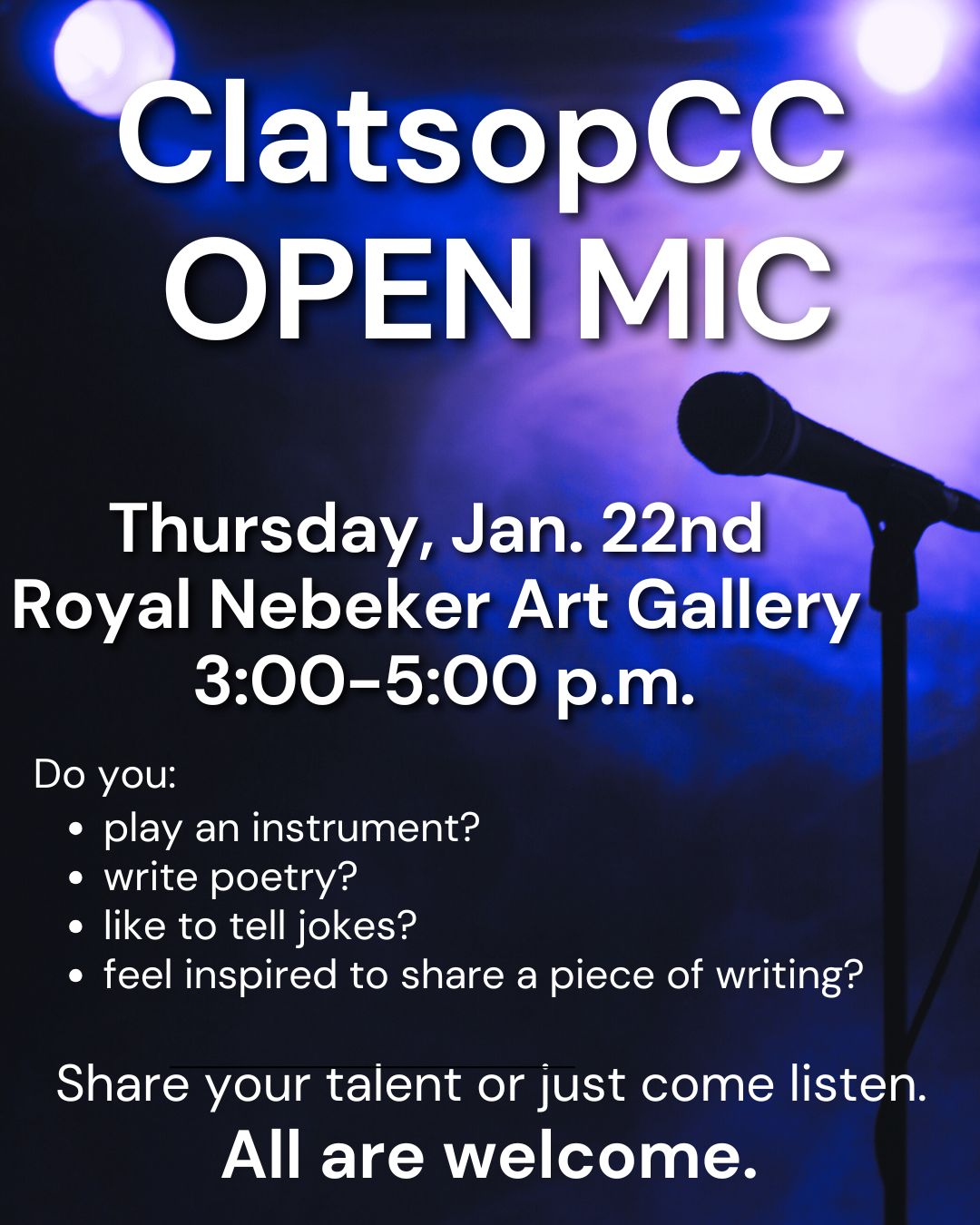 Microphone in dark room and text stating event info