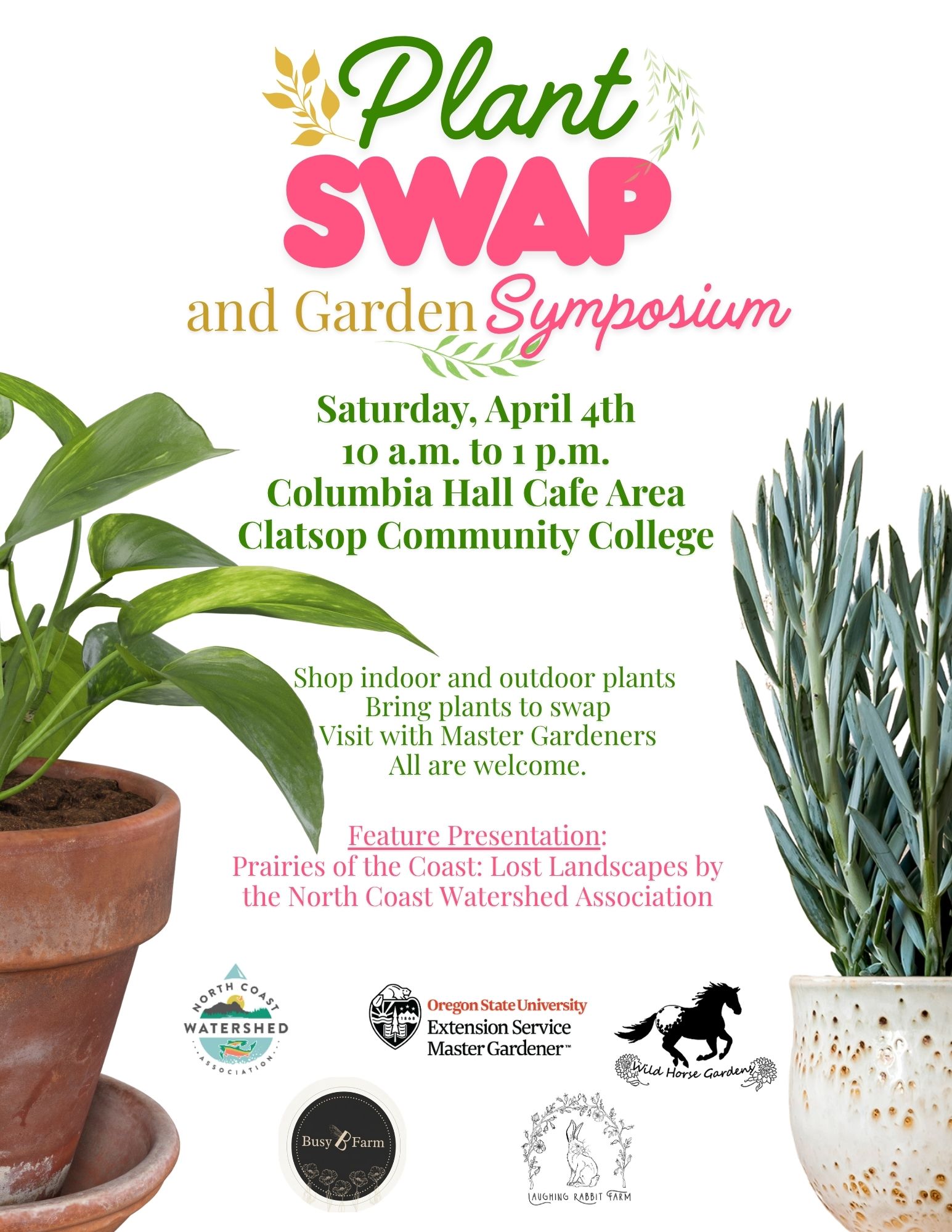 Plants in pots with event details