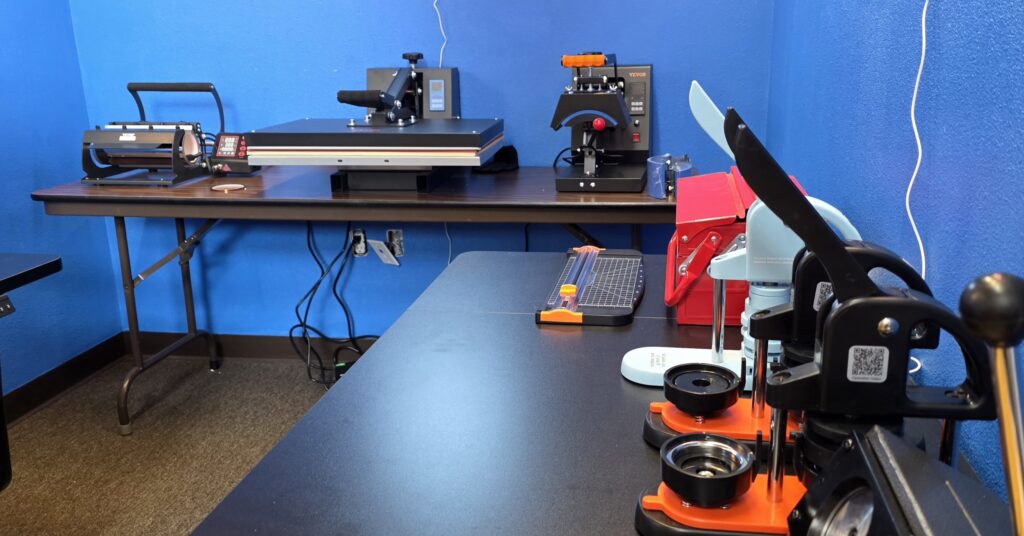 Promotion lab with button maker and sticker and apparel equipment