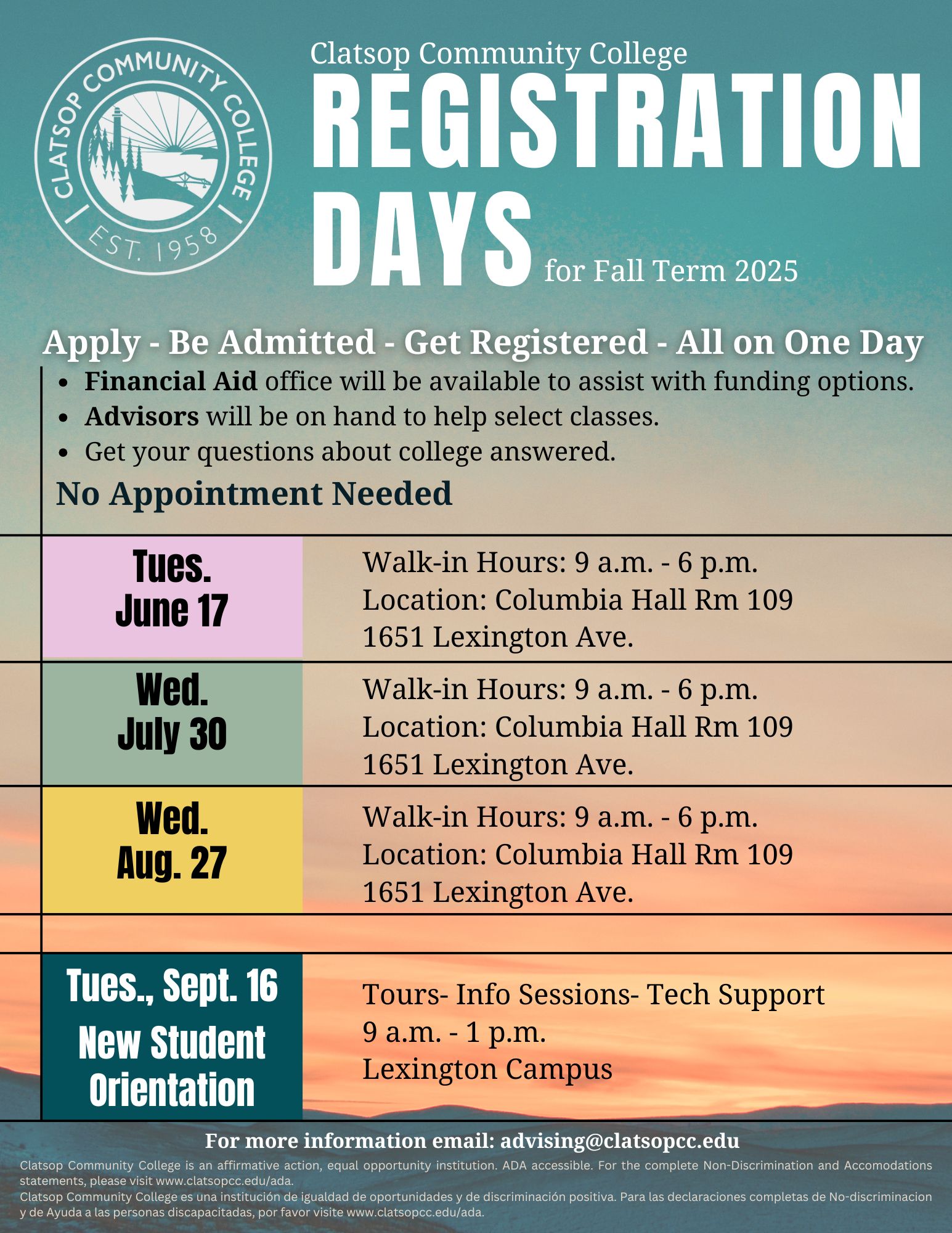 Registration Day flyer with dates and times