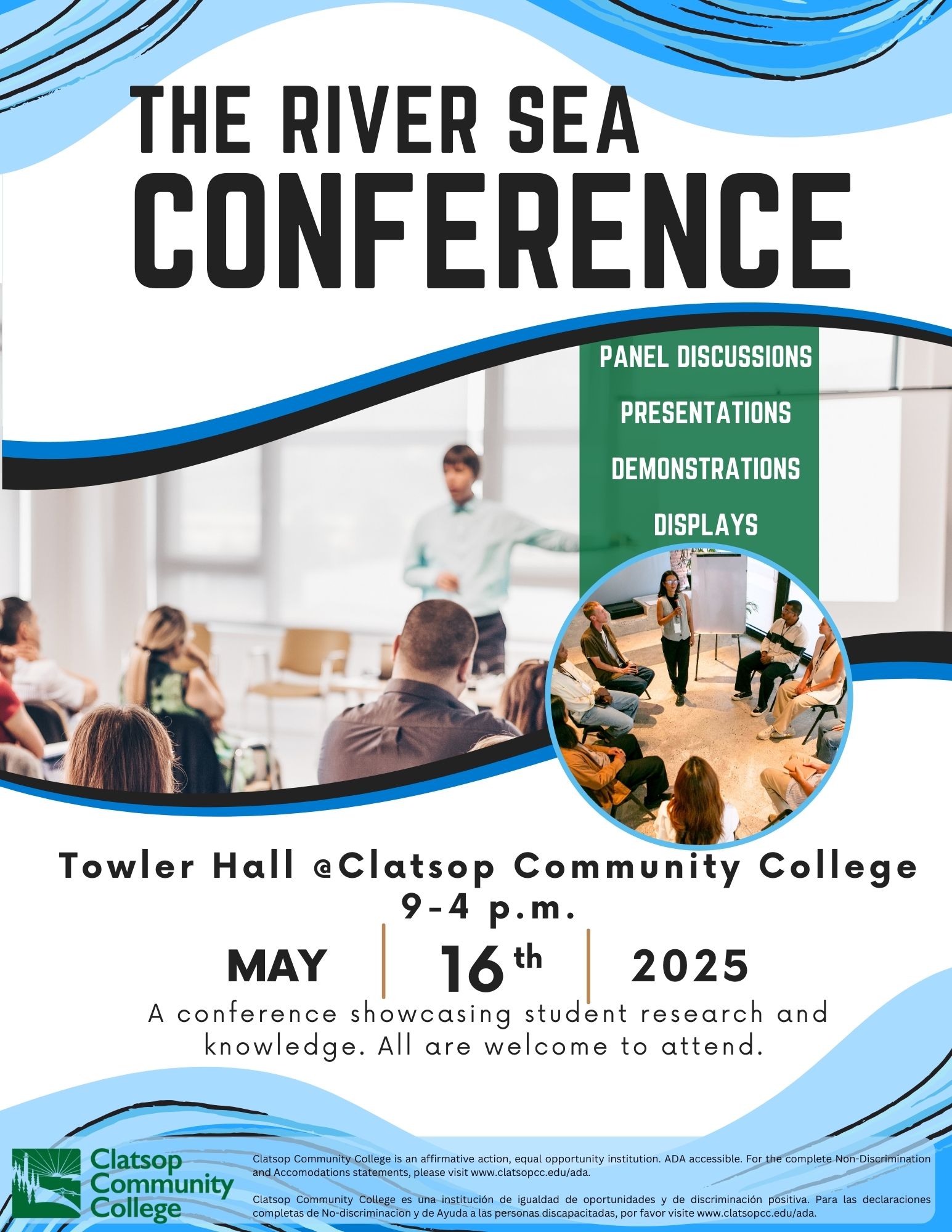 Conference flyer with details on event with images of a student standing in front of a group presenting.