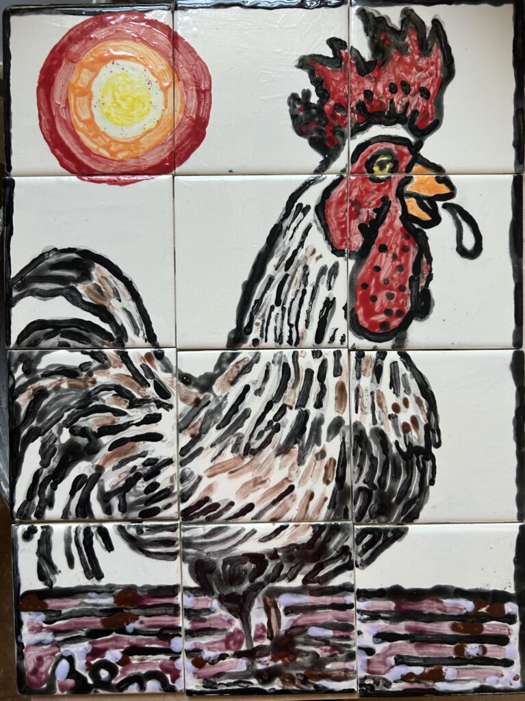 ROOSTER - BEN ROSENBERG- GLAZED TILES MOUNTED IN WALL HANGING FRAME, 17" H X 13" W 2025