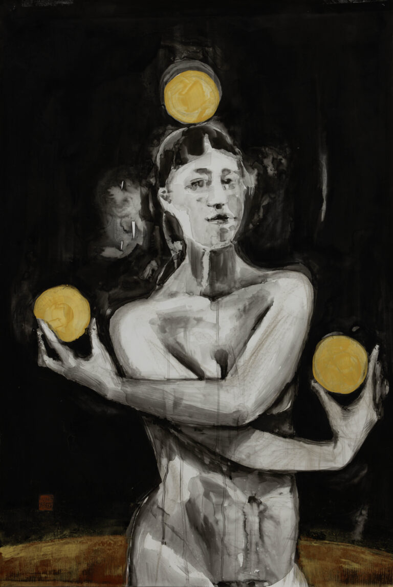 Painting of person holding orbs