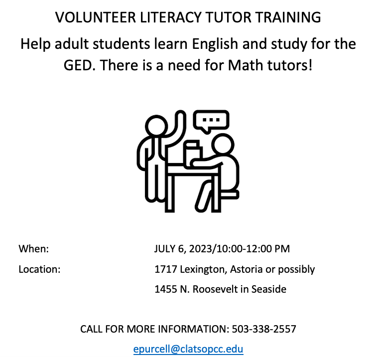volunteer literacy tutor training on July 6th.
