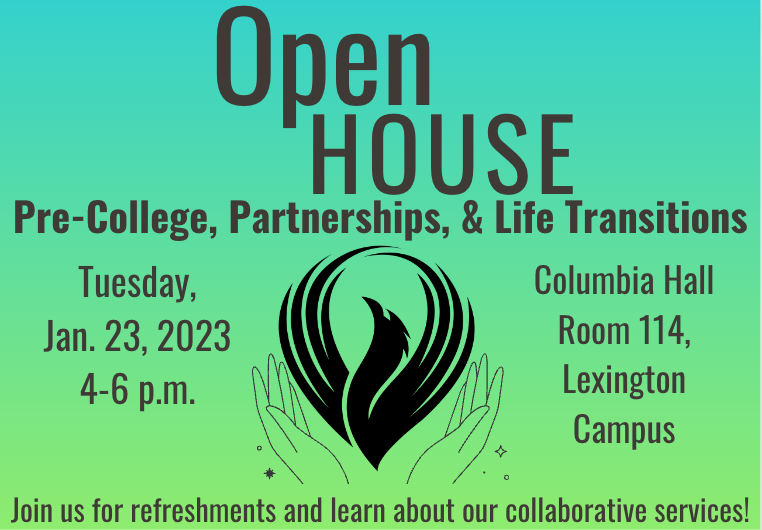 Open house flyer for life transitions office on Tuesday, January 23rd. Visual of a phoenix rising from supportive hands.