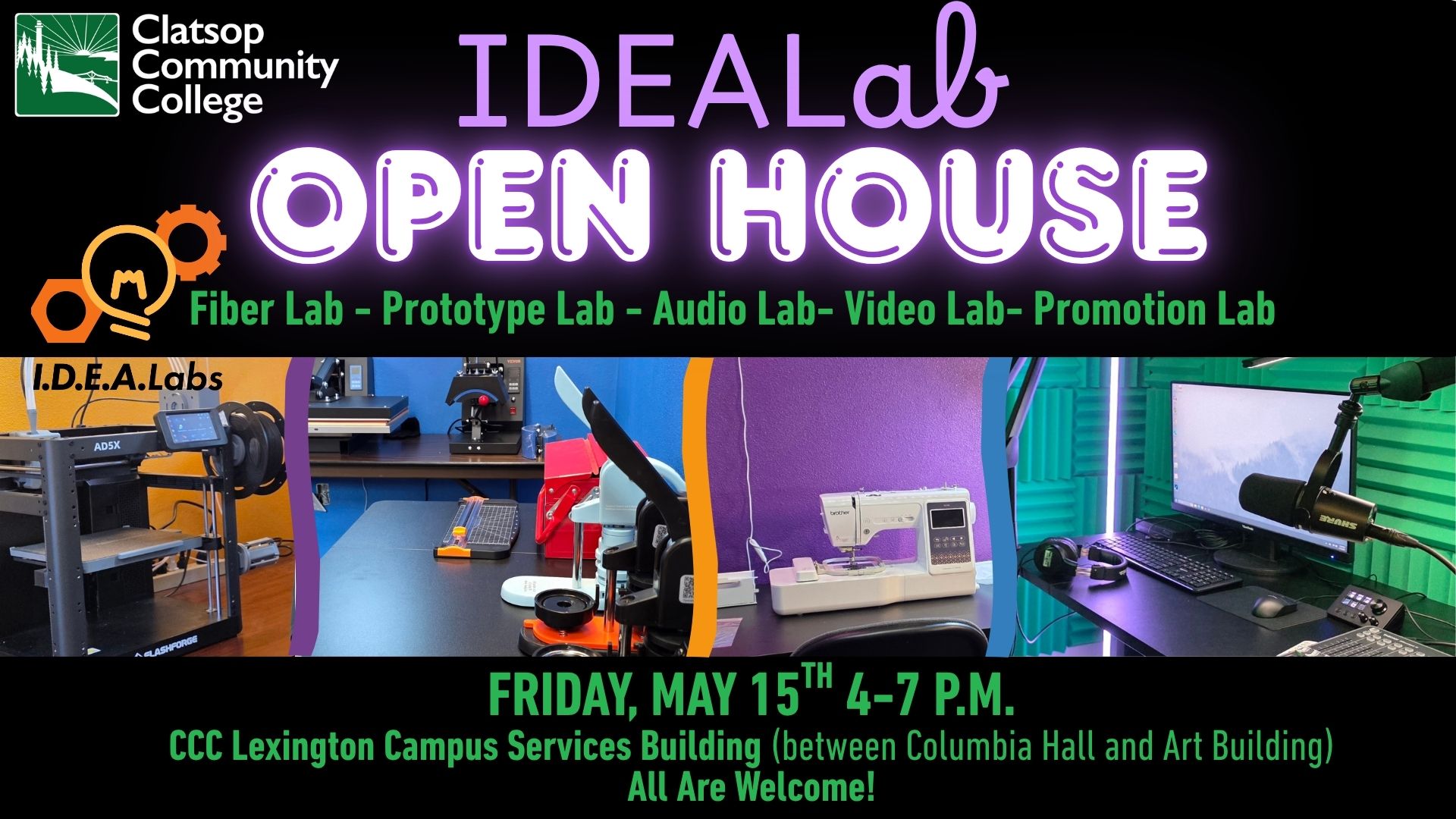 images of idea lab equipment in a row with event details.