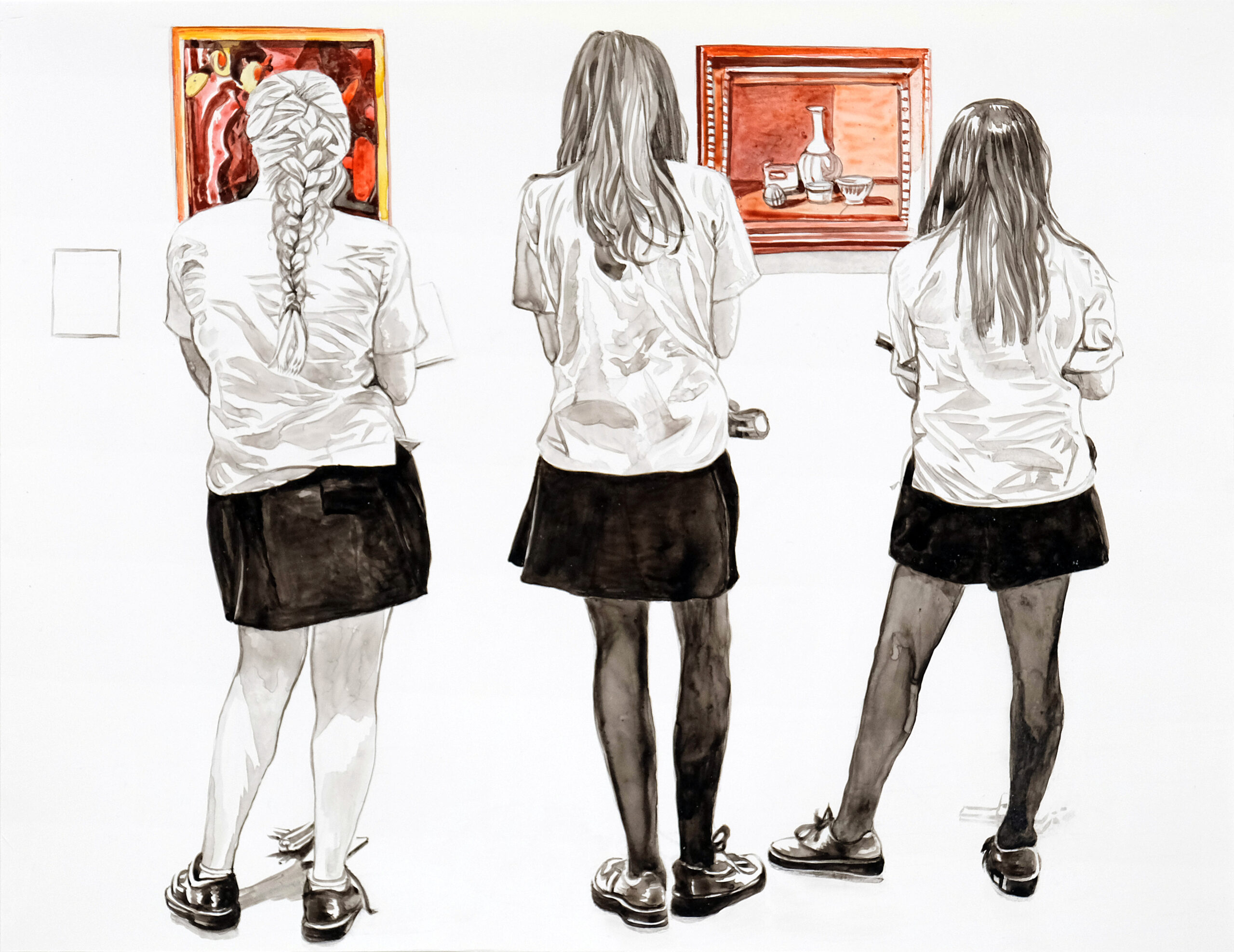 sw1228-Three School Girls Observing Morandi Painting, WC,10x13,2024 (1)